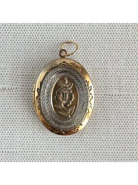 Vintage Two Tone Locket Necklace Rose Floral Oval Pendant